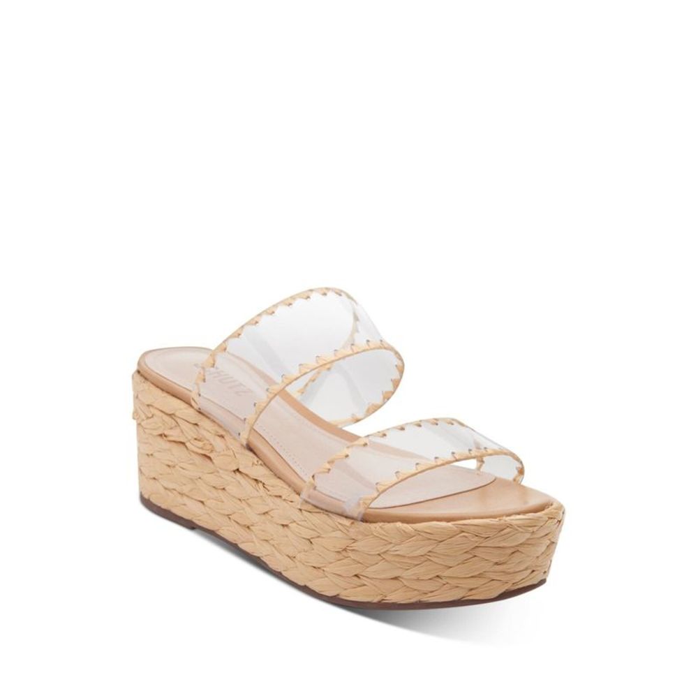 SCHUTZ Womens Beige 1-1/2"  Raffia-Platform Royce Wedge Slide Sandals 10 B